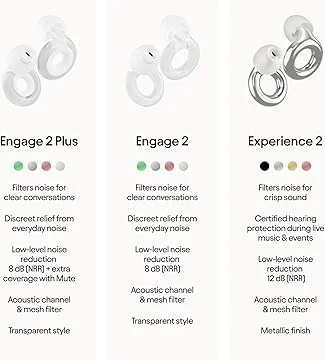 Loop's own spec comparison: Engage 2 Plus, Engage 2, and Experience 2 noise reduction and finish