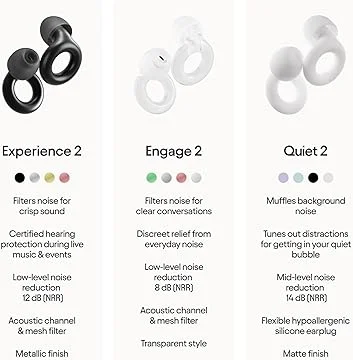Loop's own spec comparison: Experience 2, Engage 2, and Quiet 2 noise reduction and finish